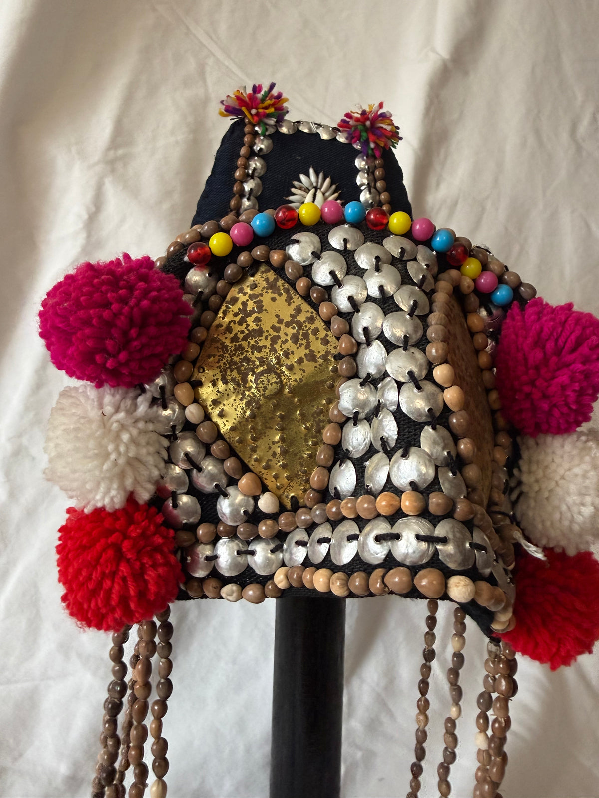 Akha-style beaded headdress with pom-poms, view 2