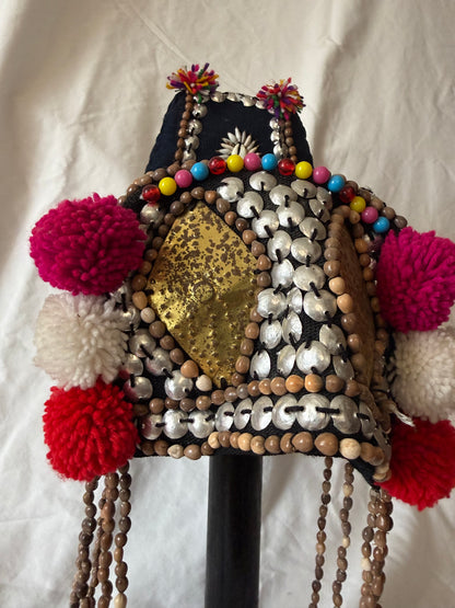 Akha-style beaded headdress with pom-poms, view 2