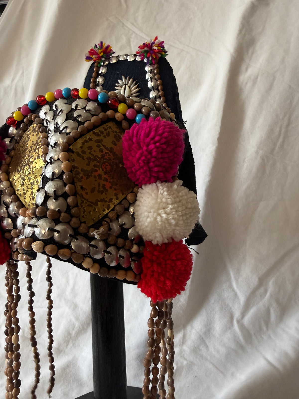 Akha-style beaded headdress with pom-poms, view 3