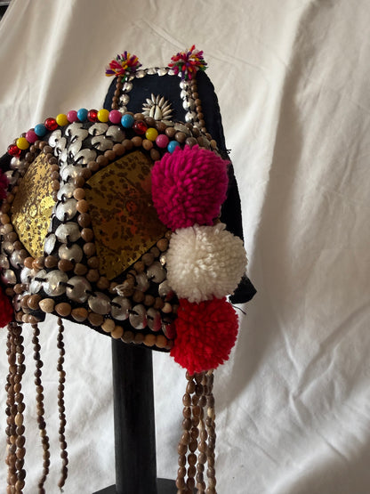 Akha-style beaded headdress with pom-poms, view 3
