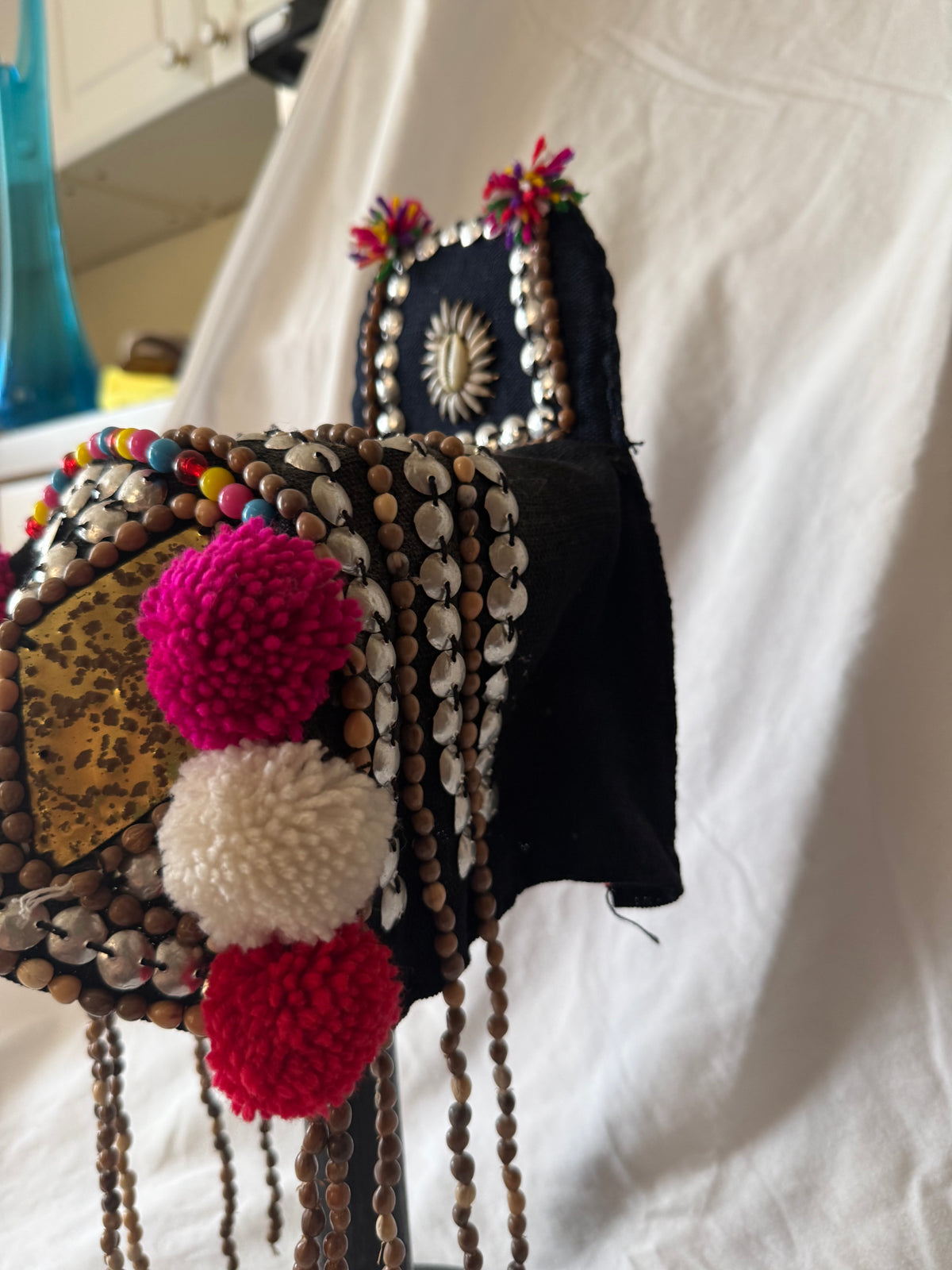 Akha-style beaded headdress with pom-poms, view 4
