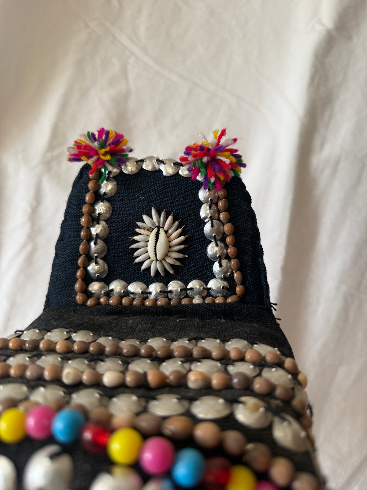 Akha-style beaded headdress with pom-poms, view 5