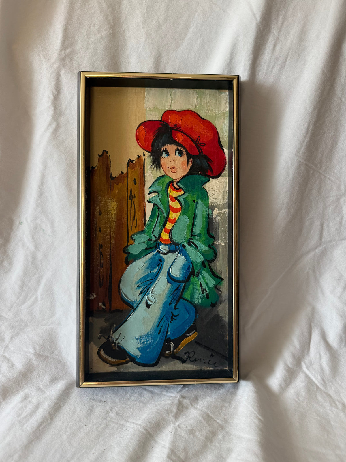 Big-eyed child in red hat painting