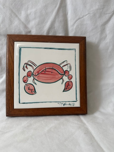 Hand-Painted Crab Tile in Wood Frame, Signed 1977