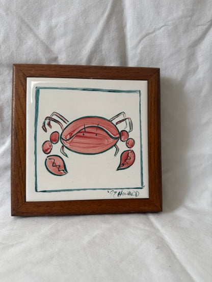 Hand-Painted Crab Tile in Wood Frame, Signed 1977