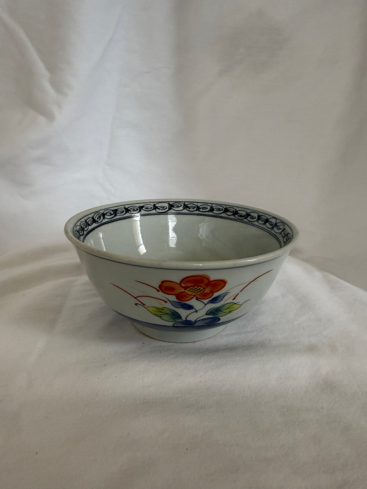 Hand-Painted Porcelain Rice Bowl with Red Flower