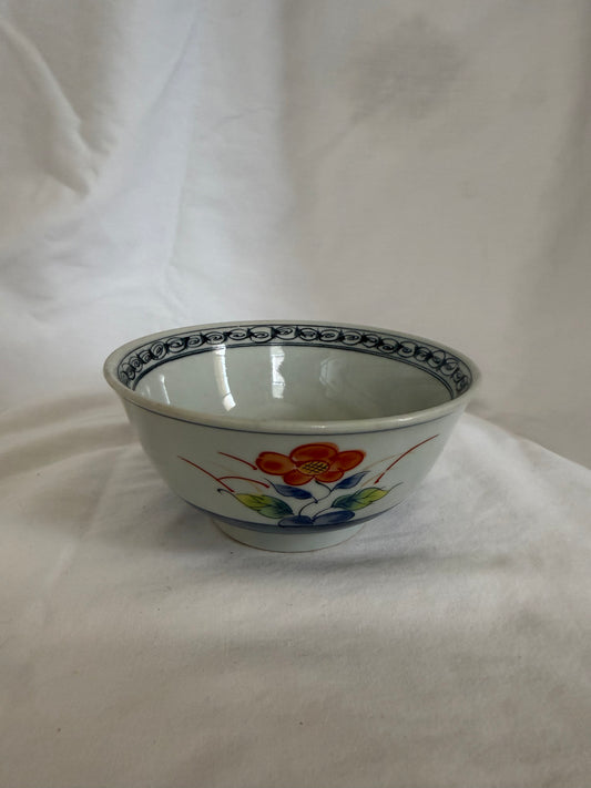Hand-Painted Porcelain Rice Bowl with Red Flower