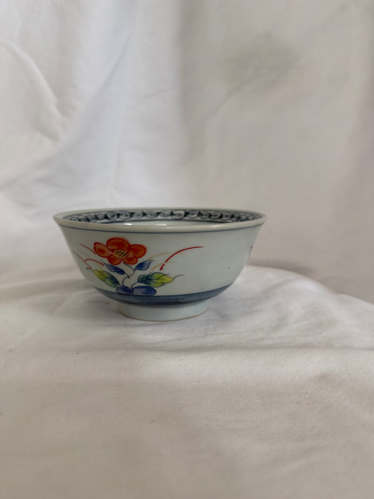 Hand-Painted Porcelain Rice Bowl with Red Flower