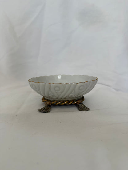 White Porcelain Dish on Gilt Rope Stand