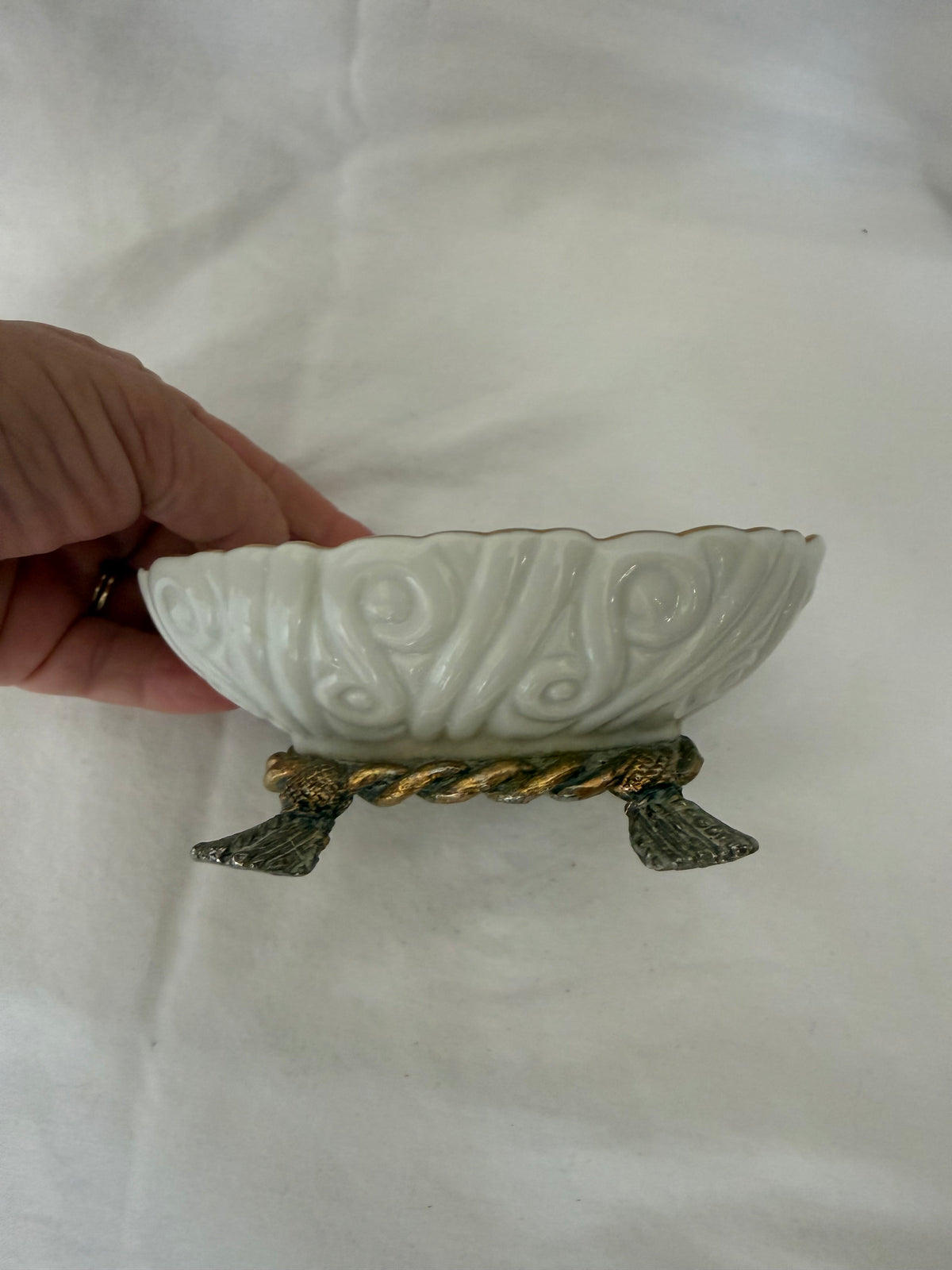 White Porcelain Dish on Gilt Rope Stand