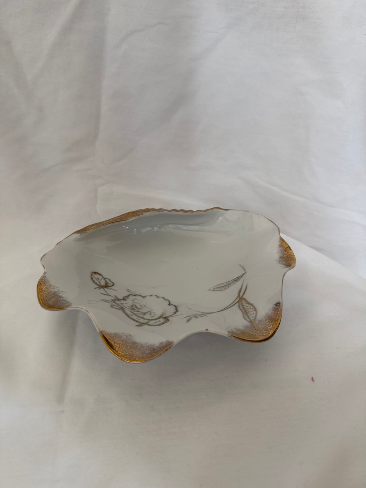 Porcelain Shell Dish with Gold Rose and Butterfly