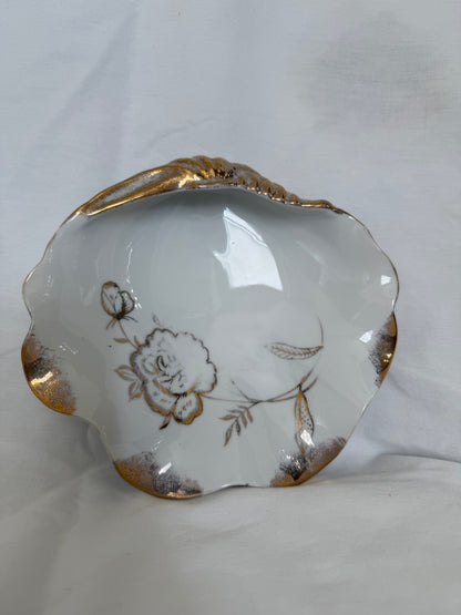 Porcelain Shell Dish with Gold Rose and Butterfly