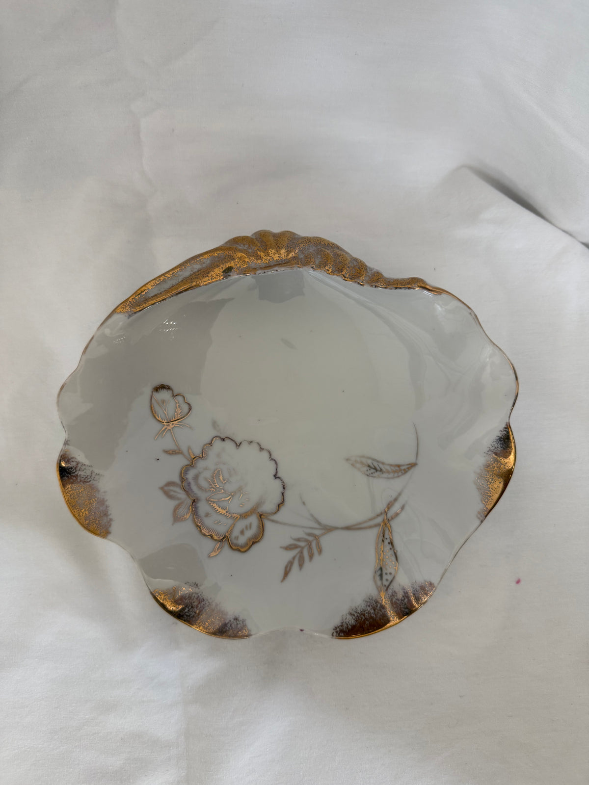 Porcelain Shell Dish with Gold Rose and Butterfly