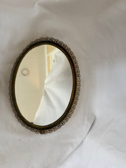Oval Gold Filigree Mirrored Vanity Tray