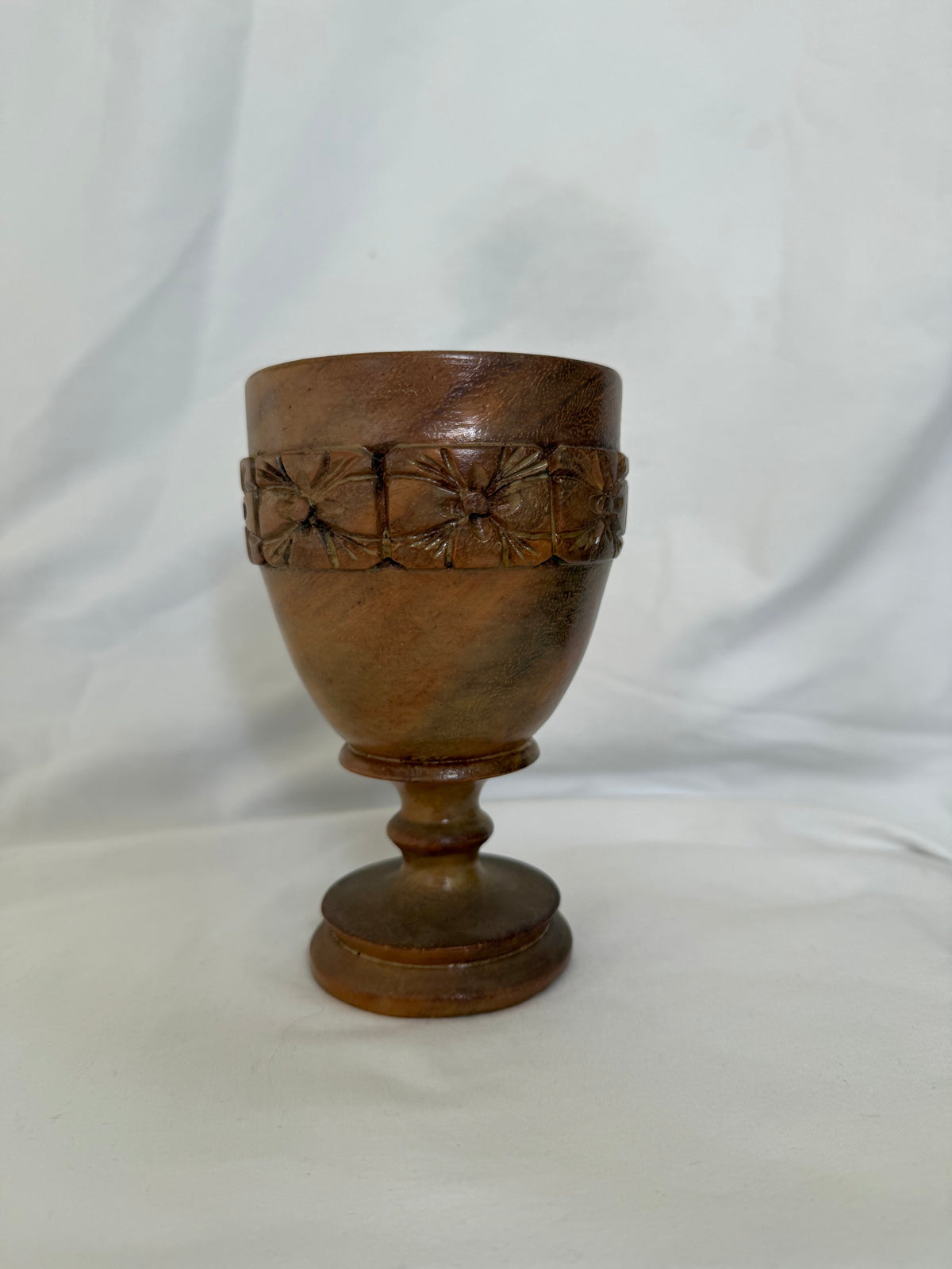 Carved Wood Goblet with Floral Band