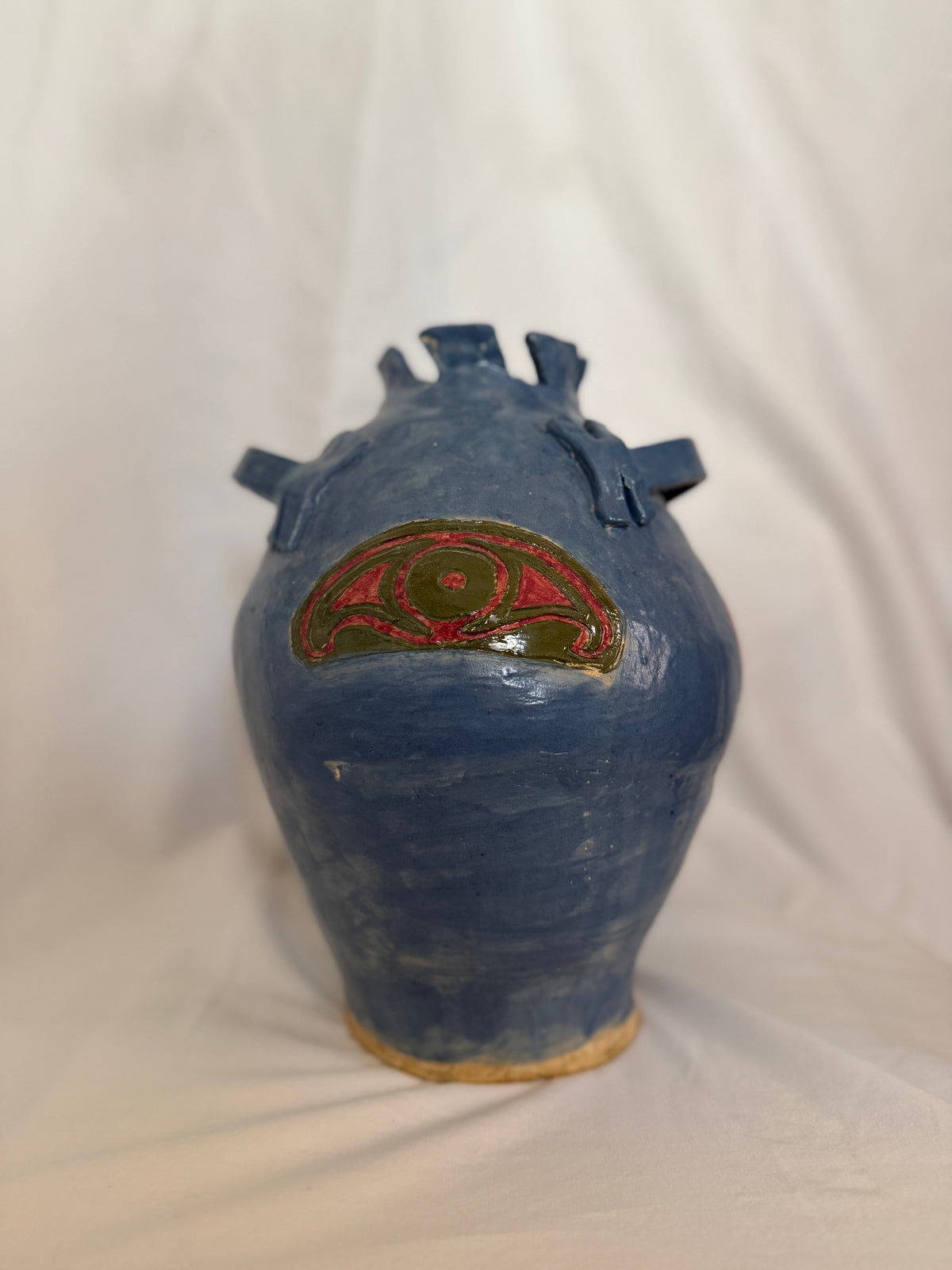Blue Handbuilt Studio Pottery Vase with Eye Motifs