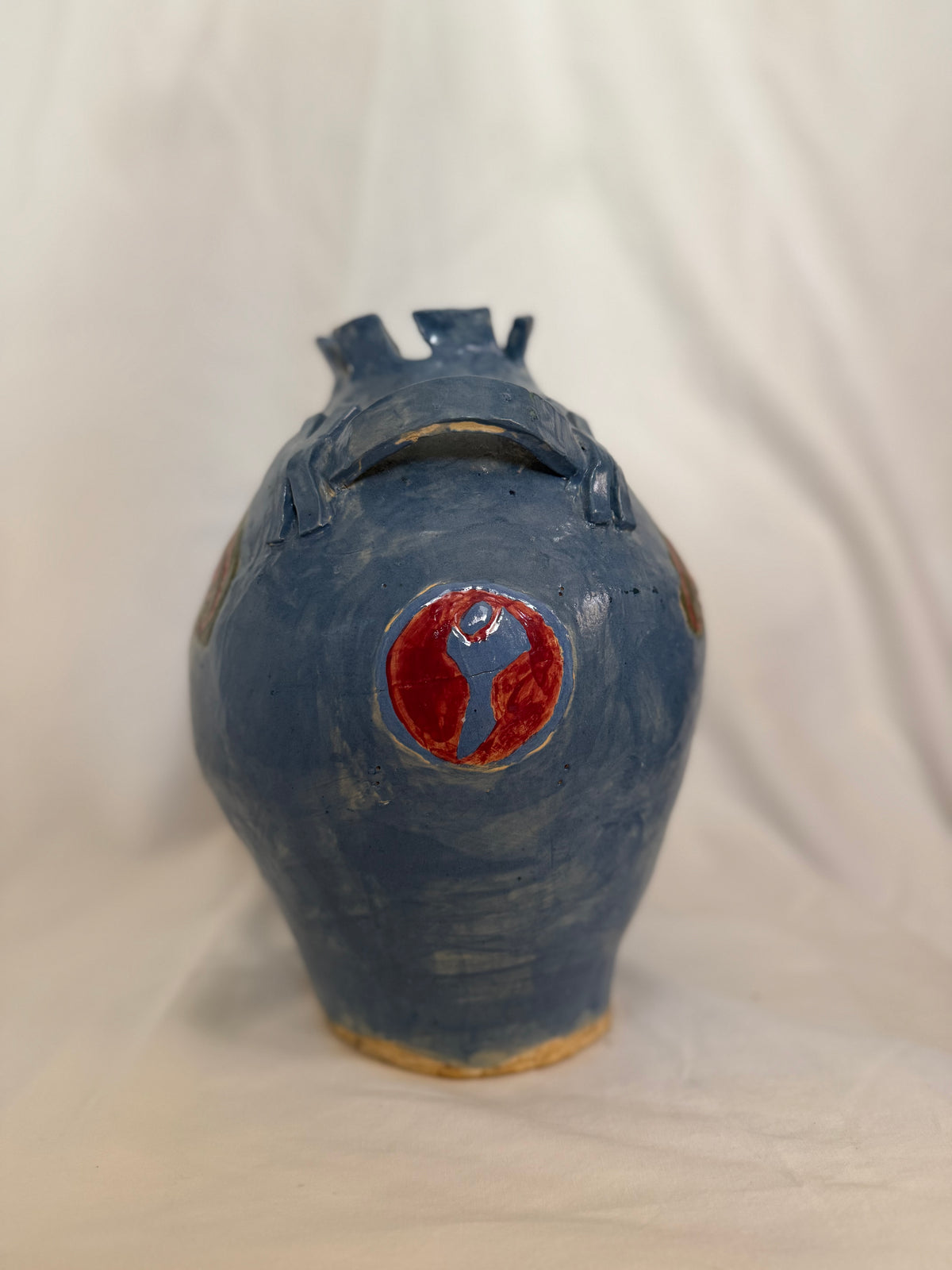 Blue Handbuilt Studio Pottery Vase with Eye Motifs