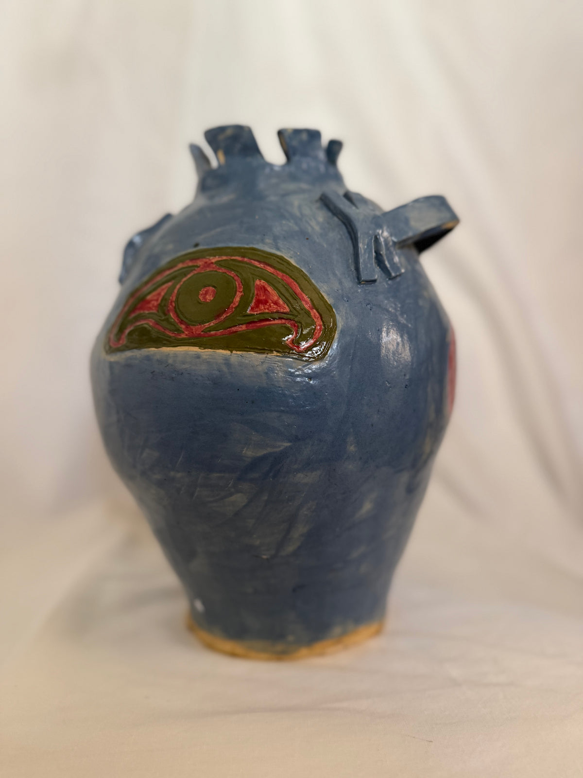 Blue Handbuilt Studio Pottery Vase with Eye Motifs