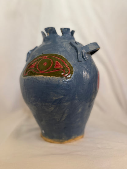 Blue Handbuilt Studio Pottery Vase with Eye Motifs
