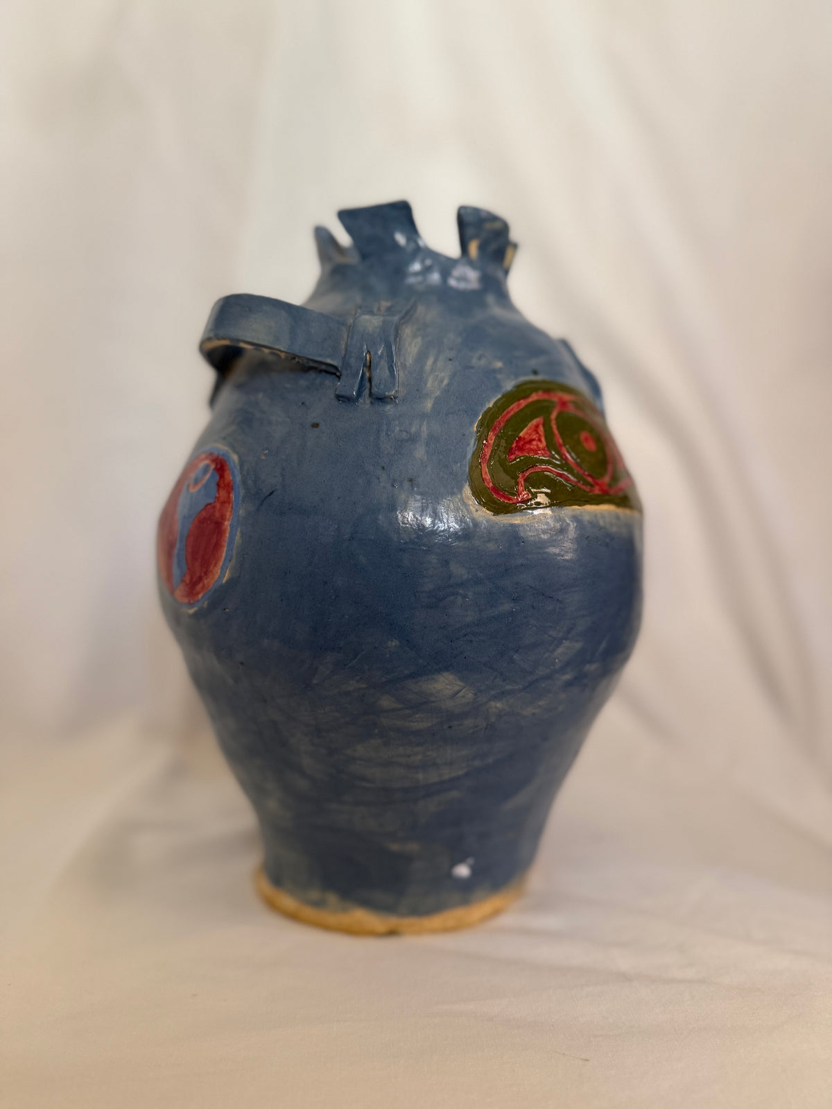 Blue Handbuilt Studio Pottery Vase with Eye Motifs
