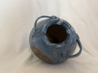 Blue Handbuilt Studio Pottery Vase with Eye Motifs