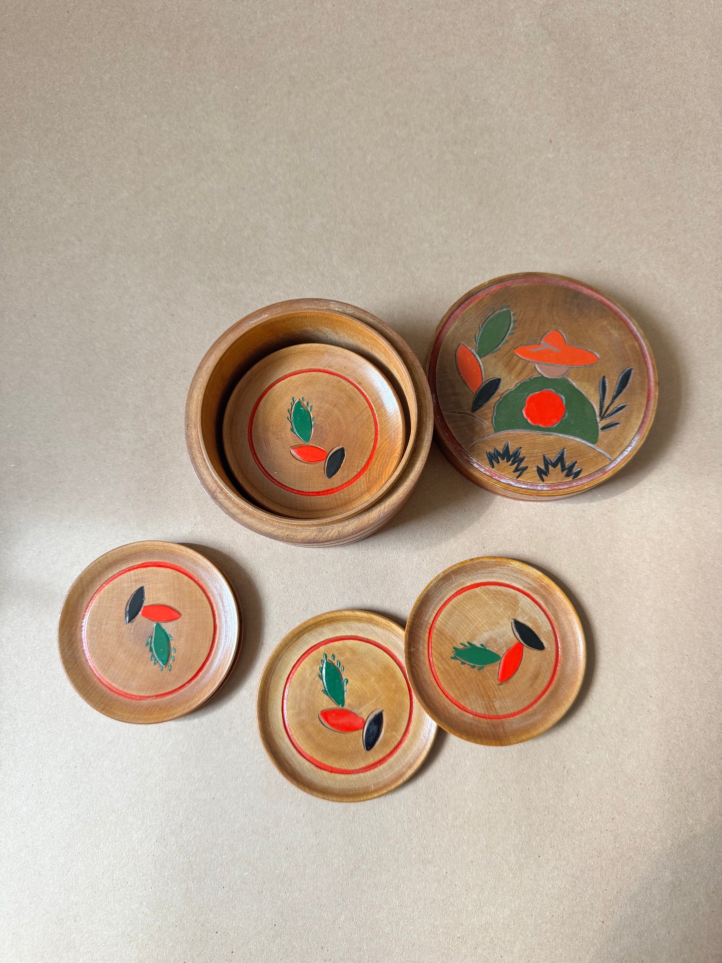 Vintage Nesting Set of Wooden Cactus-Motif Coasters
